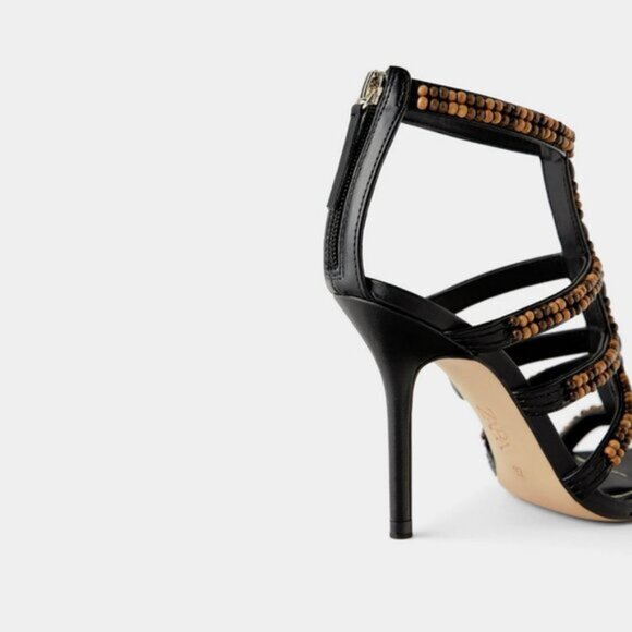 NWT Zara black & brown beaded open toe heeled strappy gladiator sandal, 6 - Picture 4 of 12